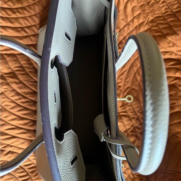 Tan Genuine Leather, Birkin-Inspired Tote with Gold Lock - Picture 4 of 12